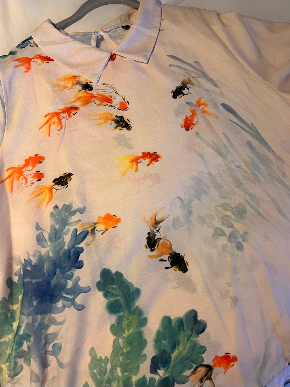 White Goldfish Print Polo Blouse with Collar